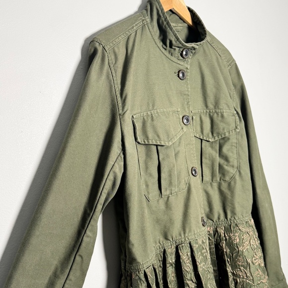 Gap Army Green Utility Jacket w Metallic Floral Pleated Peplum Hem Sz M - Picture 2 of 10